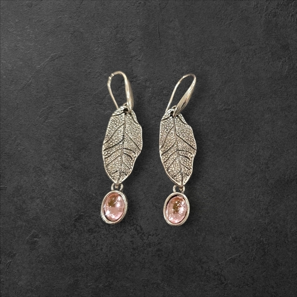 Pink Gemstone Silver Leaf Earrings - Picture 2 of 2